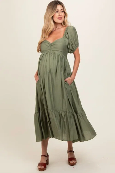 Pinkblush Ruched Sweetheart Neck Tiered Midi Dress In Green