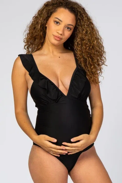 Pinkblush Ruffle Maternity One-piece Swimsuit In Black