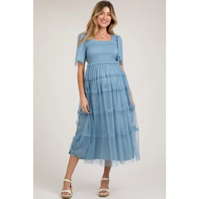 Pinkblush Ruffled Mesh Maxi Dress In Blue