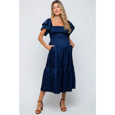 Pinkblush Satin Flutter Sleeve Midi Dress In Blue