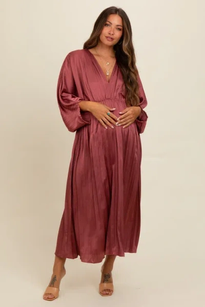 Pinkblush Satin Pleated V-neck Maxi Dress In Burgundy