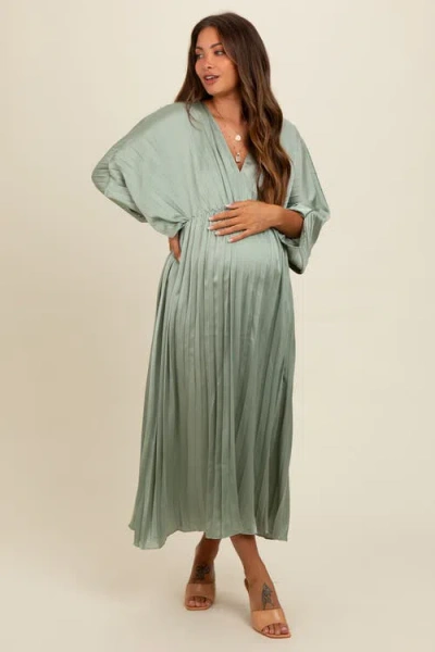 Pinkblush Satin Pleated V-neck Maxi Dress In Green
