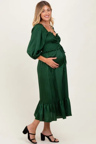 Pinkblush Satin Smocked Cinched Bust Midi Dress In Green