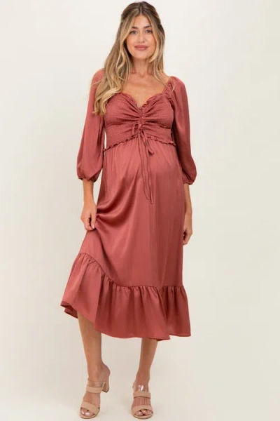 Pinkblush Satin Smocked Cinched Bust Midi Dress In Burgundy