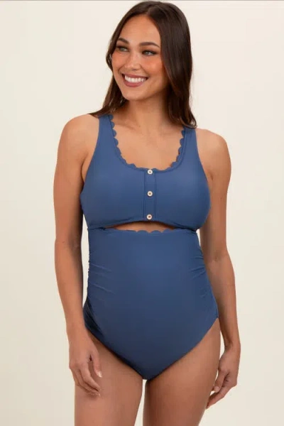 Pinkblush Scalloped Cutout Ruched One Piece Swimsuit In Blue