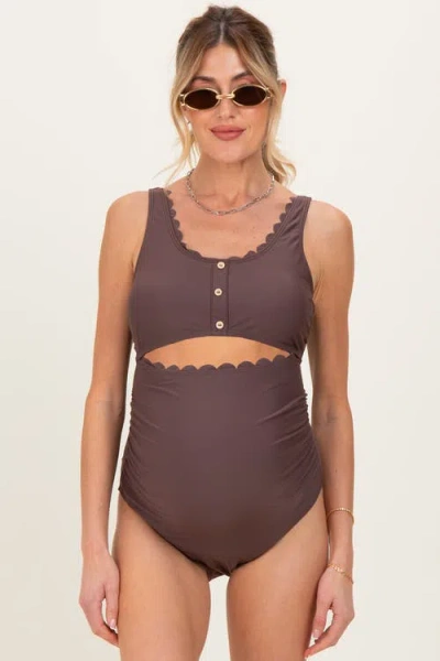 Pinkblush Scalloped Cutout Ruched One Piece Swimsuit In Brown