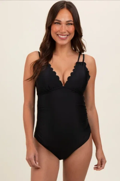 Pinkblush Scalloped V-neck Back Tie Cutout Maternity One Piece Swimsuit In Black