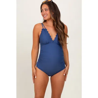 Pinkblush Scalloped V-neck Back Tie Cutout Maternity One Piece Swimsuit In Blue