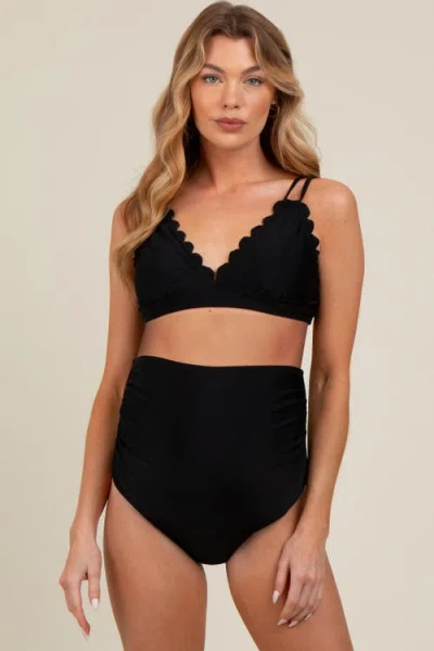 Pinkblush Scalloped V-neck High Waist Two-piece Swimsuit In Black