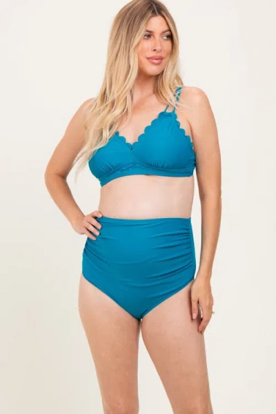 Pinkblush Scalloped V-neck High Waist Two-piece Swimsuit In Blue