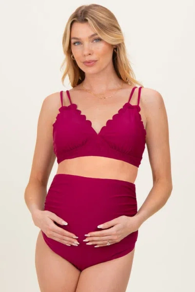 Pinkblush Scalloped V-neck High Waist Two-piece Swimsuit In Burgundy