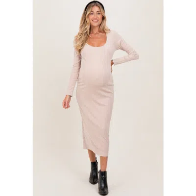 Pinkblush Scoop Neck Long Sleeve Midi Dress In Beige