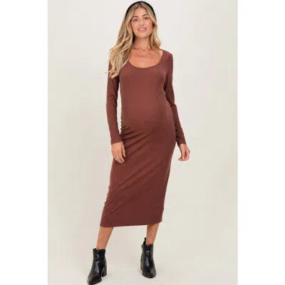 Pinkblush Scoop Neck Long Sleeve Midi Dress In Brown