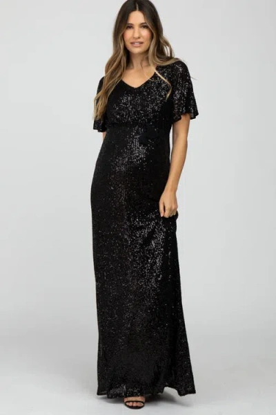 Pinkblush Sequin Short Sleeve Maxi Dress In Black