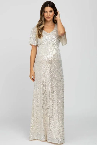 Pinkblush Sequin Short Sleeve Maxi Dress In White
