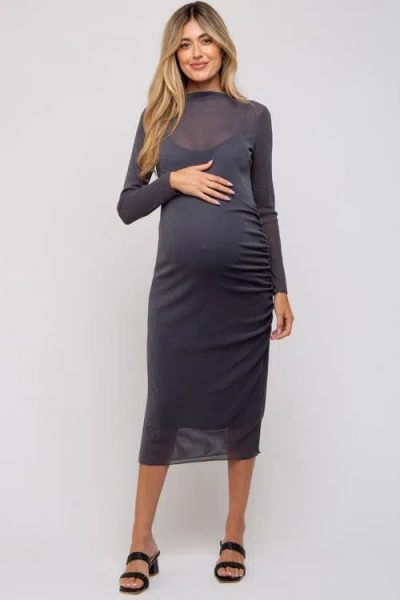 Pinkblush Shimmer Mesh Long Sleeve Ruched Maternity Midi Dress In Blue