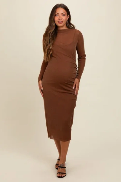 Pinkblush Shimmer Mesh Long Sleeve Ruched Maternity Midi Dress In Brown