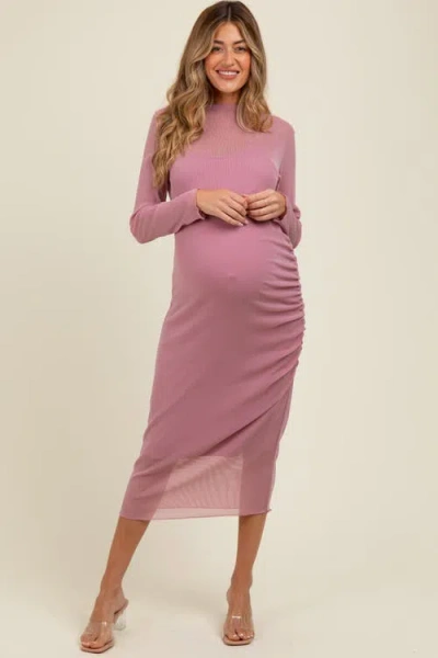 Pinkblush Shimmer Mesh Long Sleeve Ruched Maternity Midi Dress In Multi