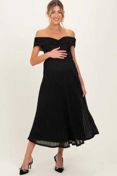 Pinkblush Shimmer Off Shoulder Pleated Midi Dress In Black