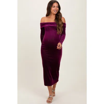 Pinkblush Shiny Velour Off Shoulder Midi Dress In Plum