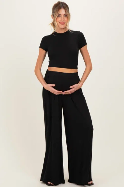Pinkblush Short Sleeve Crop Top Wide Leg Pant Set In Black