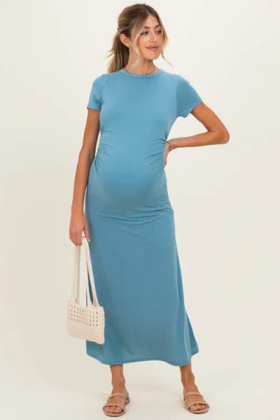Pinkblush Short Sleeve Ruched Midi Dress In Blue