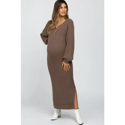 Pinkblush Side Slit Maxi Sweater Dress In Brown