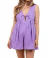 Pinkblush Sleeveless Front Tie Denim Romper In Lavender In Purple