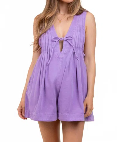 Pinkblush Sleeveless Front Tie Denim Romper In Lavender In Purple