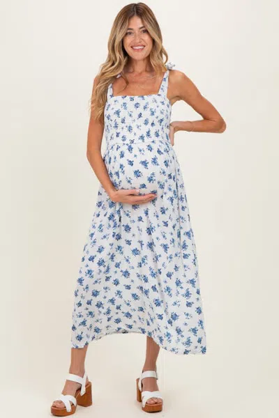 Pinkblush Smocked Bodice Tie Straps Floral Print Maxi Dress In Ivory