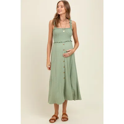 Pinkblush Smocked Button Front Linen Blend Midi Dress In Green