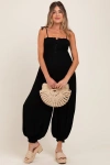 Pinkblush Smocked Button Front Shoulder Tie Jumpsuit In Black