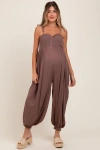 Pinkblush Smocked Button Front Shoulder Tie Jumpsuit In Brown