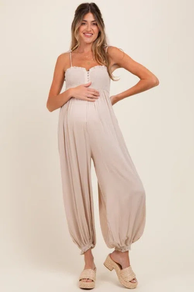 Pinkblush Smocked Button Front Shoulder Tie Jumpsuit In Neutral