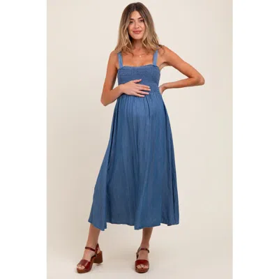 Pinkblush Smocked Chambray Tie Back Cutout Midi Dress In Blue