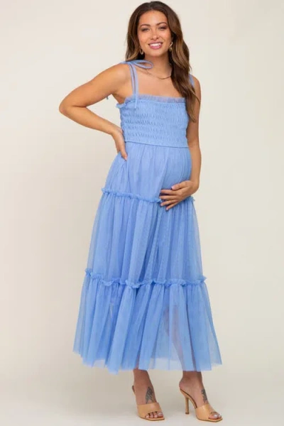 Pinkblush Smocked Mesh Midi Dress In Blue