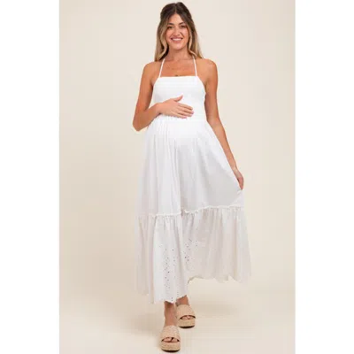 Pinkblush Smocked Open Back Lace Hem Maxi Dress In White