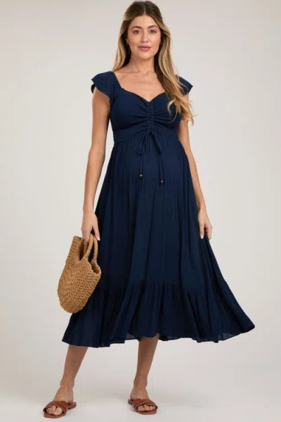 Pinkblush Smocked Ruched Ruffle Hem Maxi Dress In Blue