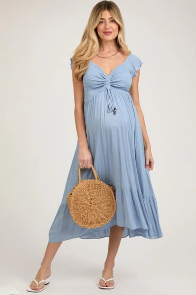 Pinkblush Smocked Ruched Ruffle Hem Maxi Dress In Blue
