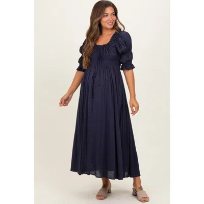 Pinkblush Smocked Ruffle Square Neck Midi Dress In Blue
