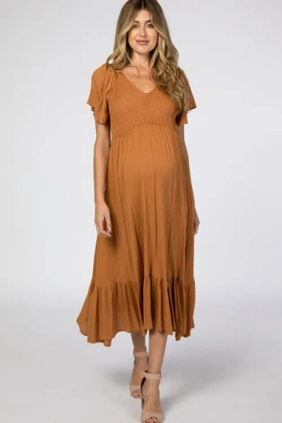 Pinkblush Smocked V-neck Midi Dress In Brown