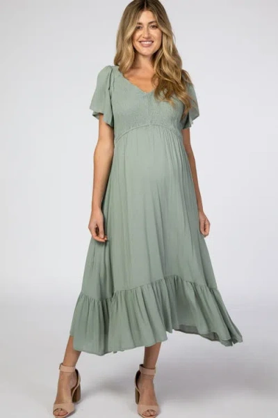 Pinkblush Smocked V-neck Midi Dress In Green