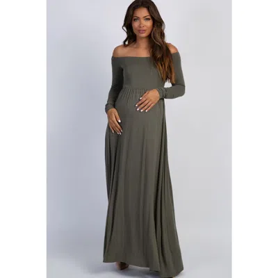 Pinkblush Solid Off Shoulder Maternity Maxi Dress In Green