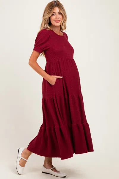 Pinkblush Solid Short Sleeve Tiered Maternity Maxi Dress In Burgundy