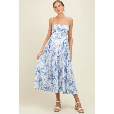Pinkblush Spaghetti Strap Printed A-line Midi Dress In Blue