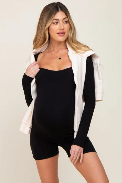Pinkblush Square Neck Long Sleeve Romper In Black
