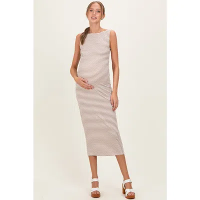 Pinkblush Striped Boat Neck Sleeveless Midi Dress In Brown