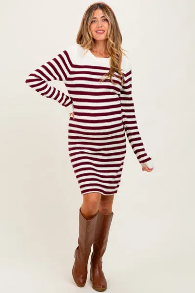 Pinkblush Striped Button Accent Mini Sweater Dress In Burgundy