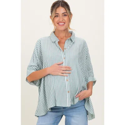 Pinkblush Striped Button Up Dolman Top In Green