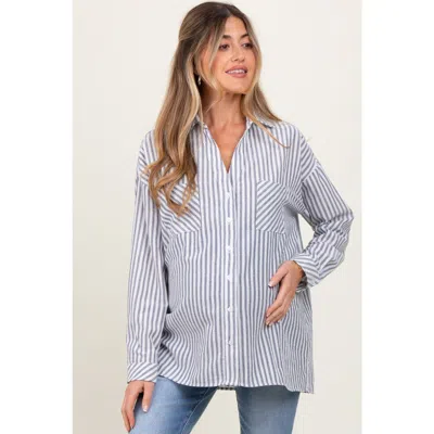 Pinkblush Striped Double Pocket Button Down Top In Blue